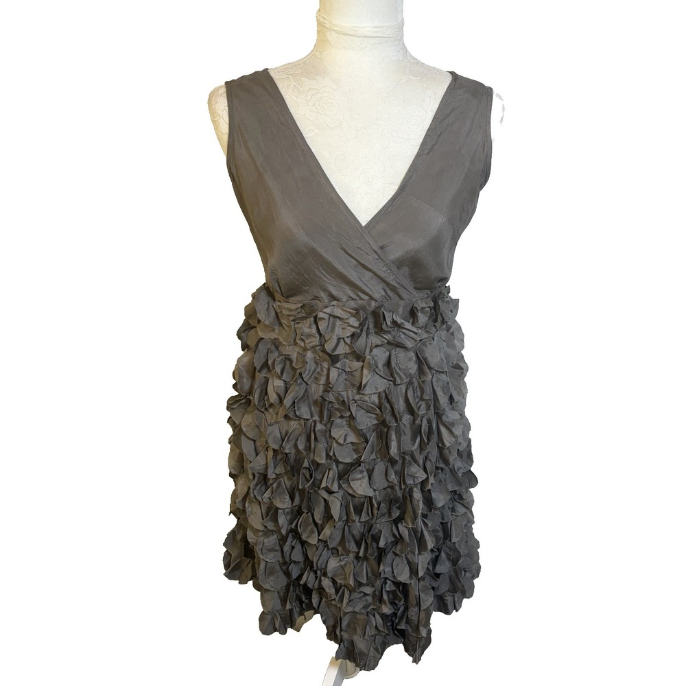 Chan Luu 100% Silk Cocktail Dress~S~ Gray Wrap Bodice Flower Petal Skirt Fairy